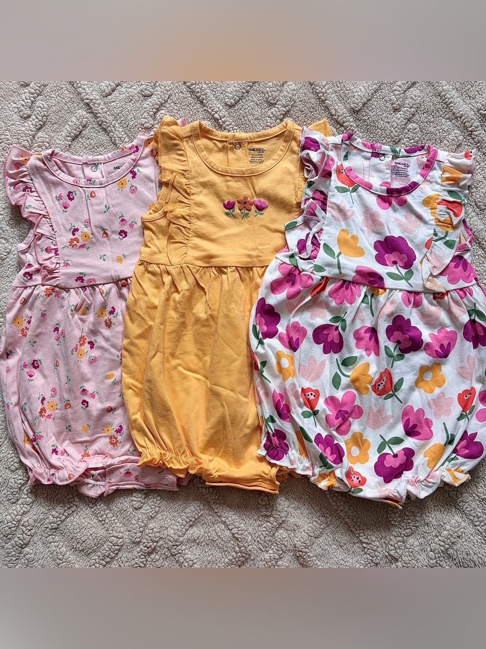 NWOT Girl 18M Bubble Romper Set - Floral Outfit W/ Ruffles & Snaps, 3 Pack